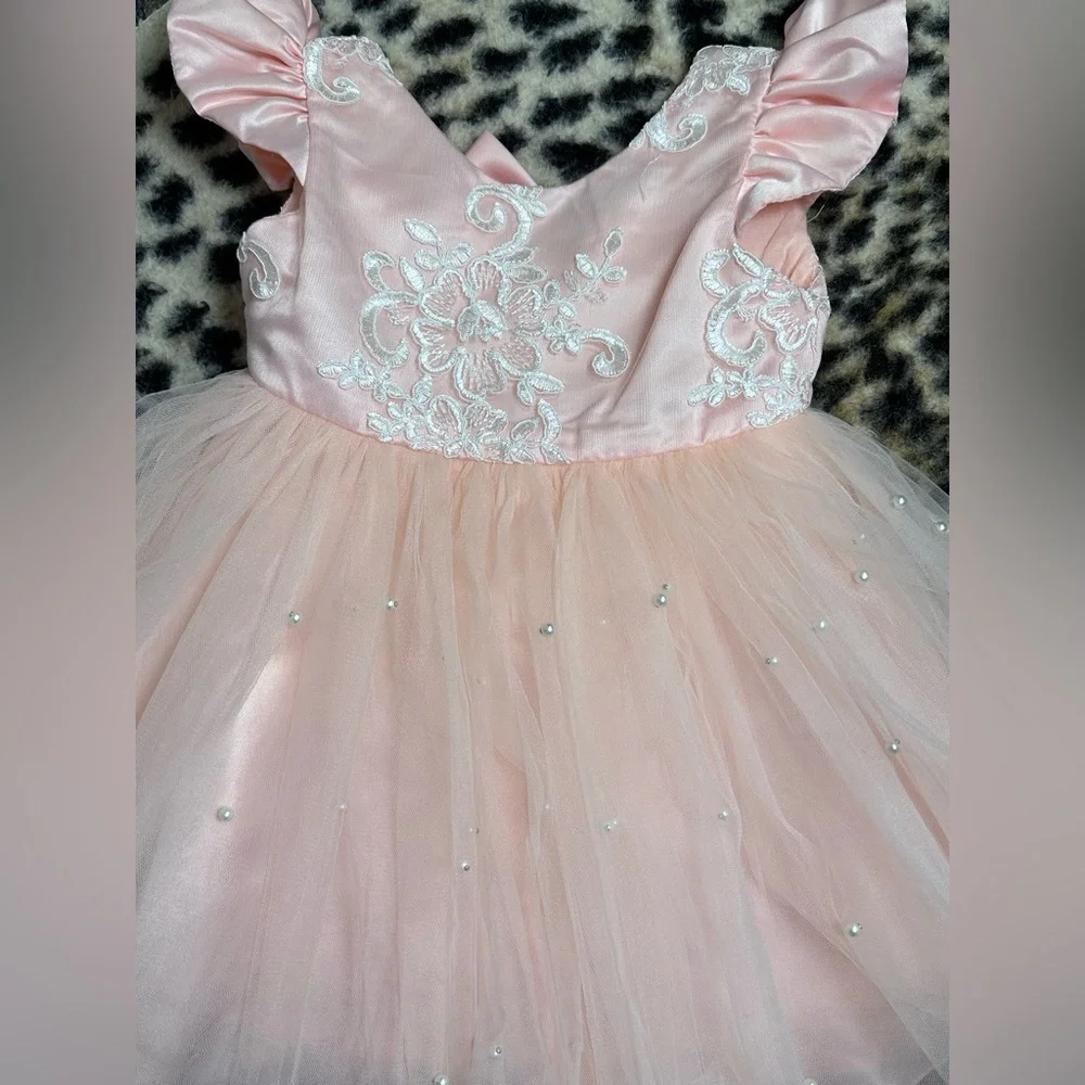 Pink pearl tutu dress 2T toddler baby girl princess baptism wedding formal lace